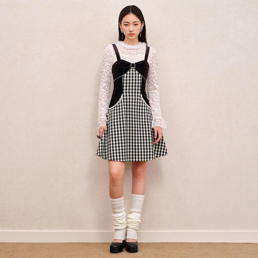MAXRIENY精致复古氛围感黑白格露肩吊带小黑裙秋装2023新款连衣裙MS88DR522Z00 商品图1