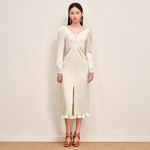 MAXRIENY复古轻熟女开叉缎面连衣裙极简杏色抽褶裙MS88DR543Y00 商品图1