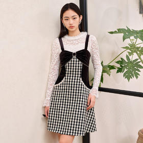 MAXRIENY精致复古氛围感黑白格露肩吊带小黑裙秋装2023新款连衣裙MS88DR522Z00