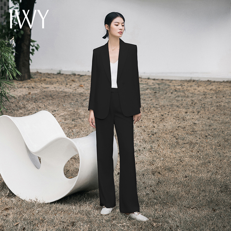 IWY/黑色春款西装套装女宽松韩版休闲西服显瘦高级设计感通勤微喇裤装C13515+P33515