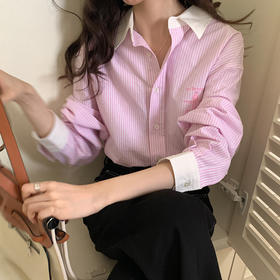 ALBB-新品刺绣条纹衬衫女装春季韩版休闲百搭粉色衬衣上衣