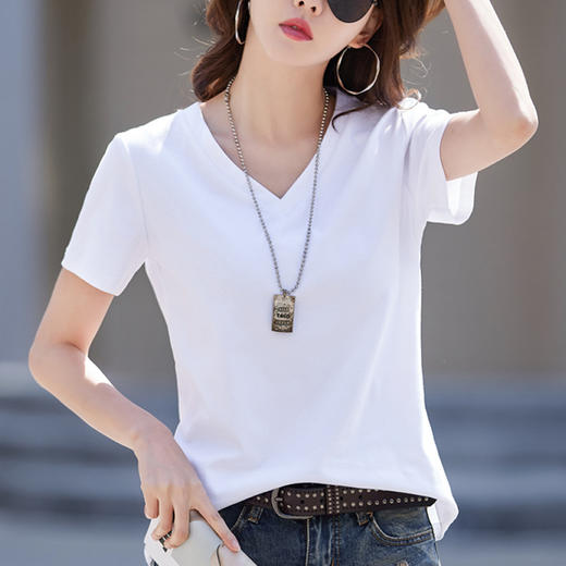 福利款~雀说v领t恤女短袖白色宽松显瘦新款棉质正肩鸡心领纯色上衣体恤AL9850 商品图0