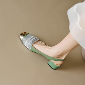 【预售5天】2024年春秋季法式金属头方头拼色浅口低跟单鞋女鞋平跟网纱温柔风FDME&FD8161-1