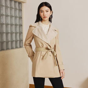 MAXRIENY极简通勤风钉珠蕾丝大翻领风衣2023春季新款大衣女中长款MS88WB004X10