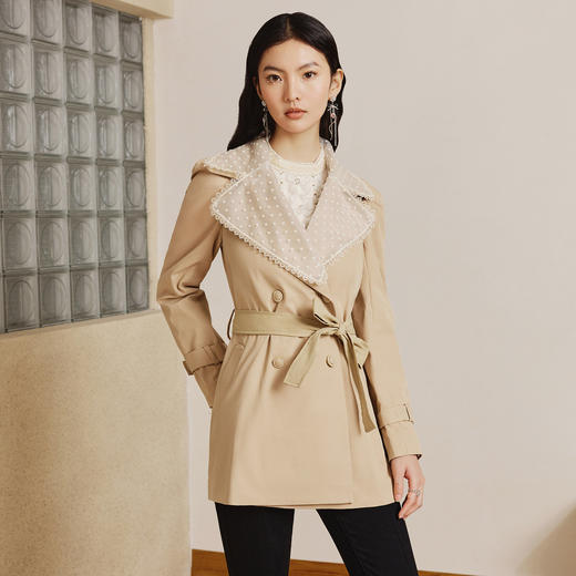 MAXRIENY极简通勤风钉珠蕾丝大翻领风衣2023春季新款大衣女中长款MS88WB004X10 商品图0