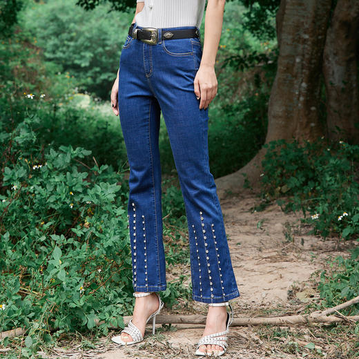 MAXRIENY复古开叉喇叭裤夏高腰水洗牛仔裤长裤子MS85PA010B10 商品图3