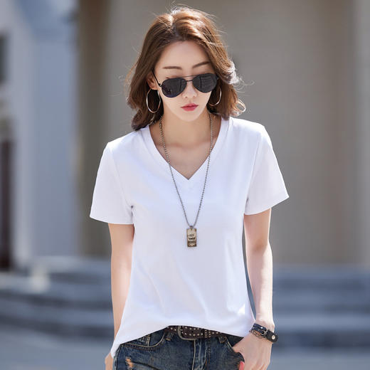 福利款~雀说v领t恤女短袖白色宽松显瘦新款棉质正肩鸡心领纯色上衣体恤AL9850 商品图9