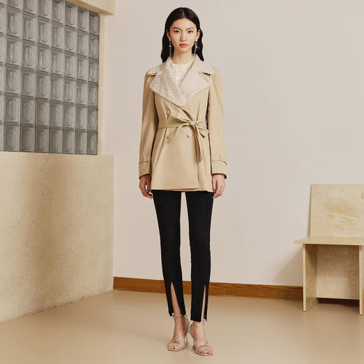 MAXRIENY极简通勤风钉珠蕾丝大翻领风衣2023春季新款大衣女中长款MS88WB004X10 商品图1