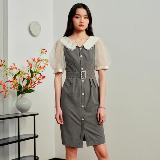 MAXRIENY法式浪漫黑白格纹翻领连衣裙2023夏季新款复古格纹裙子女MS88DR321Z00 商品图0