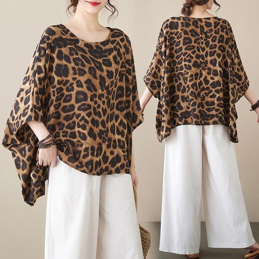 福利款~雀说时尚宽松大码女装新款复古文艺气质蝙蝠袖时尚豹纹花圆领T恤上衣AL 商品图1
