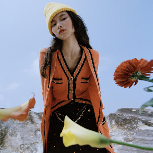 MAXRIENY橙色撞边毛织长外套2023开衫长大衣毛衫针织MC87JA764E30 商品图1