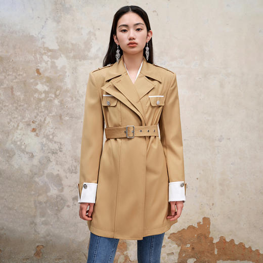 MAXRIENY极简都市通勤风卡其撞色风衣中长款2023秋装新款大衣女MS88WB502X10 商品图2
