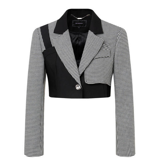 MAXRIENY通勤风黑白拼接格纹不对称西装截短款2023早秋短外套女MS88JA547Z00 商品图4