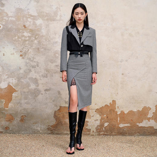 MAXRIENY通勤风黑白拼接格纹不对称西装截短款2023早秋短外套女MS88JA547Z00 商品图1
