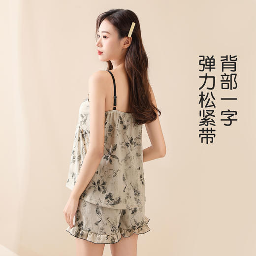 清爽夏日复古印花吊带短裤免穿文胸家居服套装高级感可外穿睡衣女Y21061复古模杯吊带套 商品图5