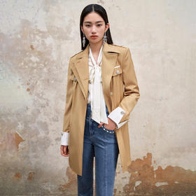 MAXRIENY极简都市通勤风卡其撞色风衣中长款2023秋装新款大衣女MS88WB502X10