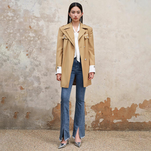 MAXRIENY极简都市通勤风卡其撞色风衣中长款2023秋装新款大衣女MS88WB502X10 商品图1