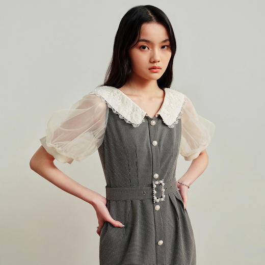 MAXRIENY法式浪漫黑白格纹翻领连衣裙2023夏季新款复古格纹裙子女MS88DR321Z00 商品图2
