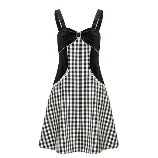 MAXRIENY精致复古氛围感黑白格露肩吊带小黑裙秋装2023新款连衣裙MS88DR522Z00 商品图4