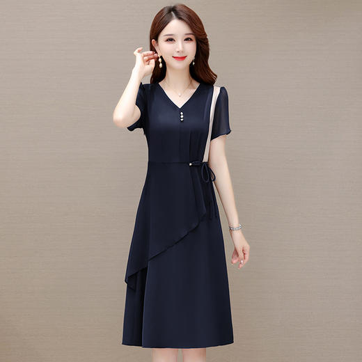 QYMOMS-YQA409-L简约中长款时尚雪纺裙2024年夏款短袖修身A字裙洋气拼接连衣裙 商品图1