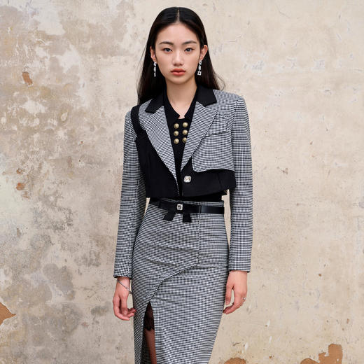 MAXRIENY通勤风黑白拼接格纹不对称西装截短款2023早秋短外套女MS88JA547Z00 商品图0