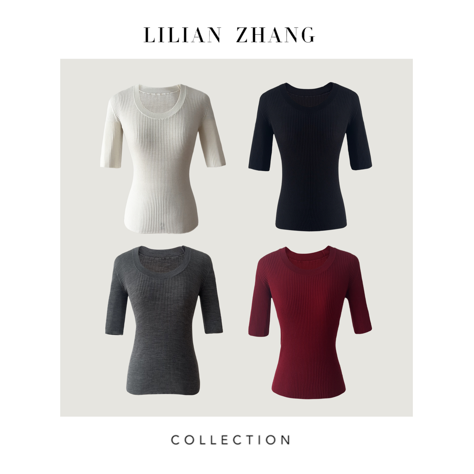 LILIAN ZHANG 定制——U型圆领中袖羊毛套衫、坑条修身超显瘦2408002