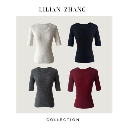 LILIAN ZHANG 定制——U型圆领中袖羊毛套衫、坑条修身超显瘦2408002 商品图0