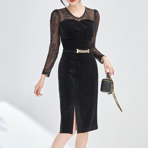 法式显瘦，丝绒拼亮片蕾丝上衣+高腰开叉半身裙两件套WLZD-2405110 商品图0