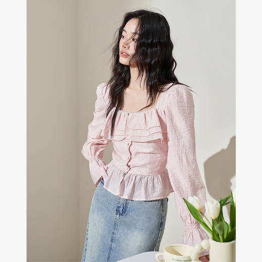 法式浪漫甜美荷叶边花苞袖衬衫女2024春季新款短款方领衬衣V0040977 商品图3