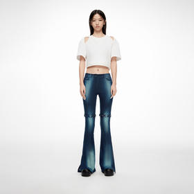 lost in echo2024春季新款设计师品牌双扣带紧身酸洗牛仔喇叭裤