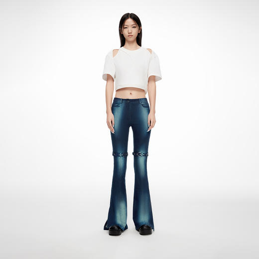 lost in echo2024春季新款设计师品牌双扣带紧身酸洗牛仔喇叭裤 商品图0