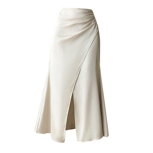 HT-2102高级感缎面米白色半身裙女装春夏季设计感褶皱开叉复古鱼尾包臀裙 商品图4