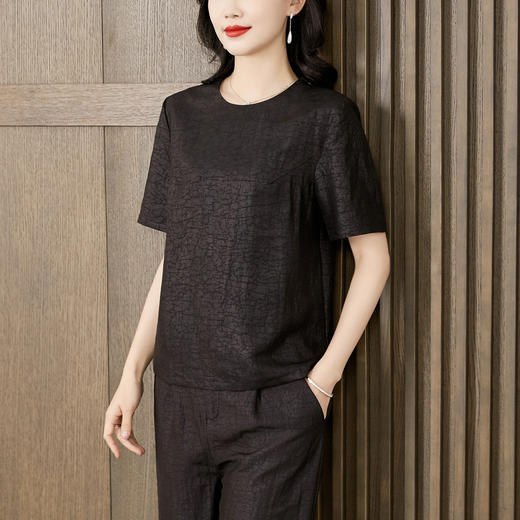 TC 221550龟裂纹香云纱上衣时尚纯色简约宽松显瘦T恤 商品图0