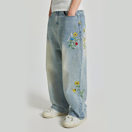 【Achock官方店】美式潮复古刺绣垂感长裤嘻哈情侣直筒阔腿牛仔裤 商品图1