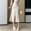 HT-2102高级感缎面米白色半身裙女装春夏季设计感褶皱开叉复古鱼尾包臀裙 商品缩略图0