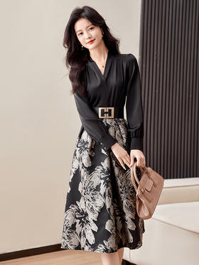 2024春装韩版新款时尚印花拼色气质修身女中长款连衣裙QY23216