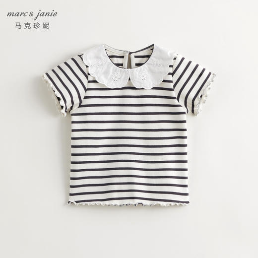 马克珍妮女童甜美娃娃领条纹短袖T恤儿童纯棉上衣夏装新款240733 商品图0