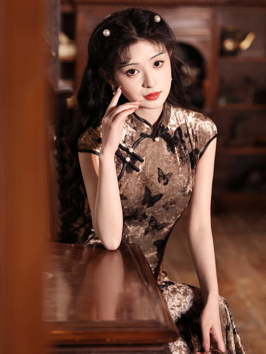 【3天发货】2024新款春夏改良年轻款优雅气质蝴蝶花纹复古民国旗袍LSB 2616 商品图2