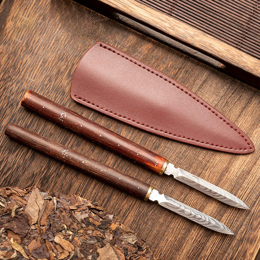 老秤杆称心如意茶刀普洱茶饼撬刀檀木大马士革钢刀不锈钢功夫茶具 商品图2