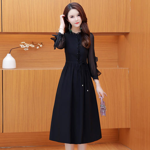 中长款简约连衣裙，长袖木耳边拼接内搭打底裙QYM-DFN-A3347-L 商品图1