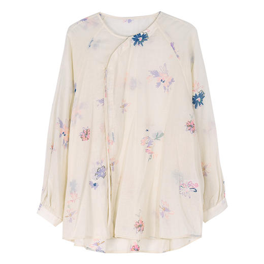 牧衣游原创 印花精棉衬衫女新款纯棉轻薄文艺偏襟中式风小衫 清浅 商品图4