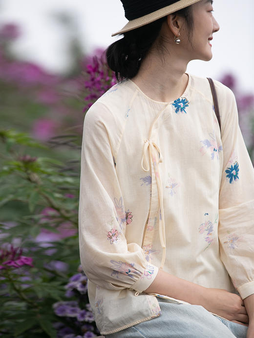 牧衣游原创 印花精棉衬衫女新款纯棉轻薄文艺偏襟中式风小衫 清浅 商品图1