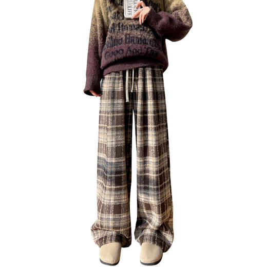 「数色可选！毛呢格子裤」复古圣诞格子裤女春秋高腰垂感直筒毛呢阔腿裤窄版休闲拖地长裤子下装 商品图4