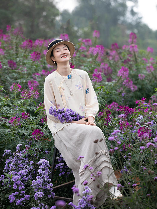 牧衣游原创 印花精棉衬衫女新款纯棉轻薄文艺偏襟中式风小衫 清浅 商品图3