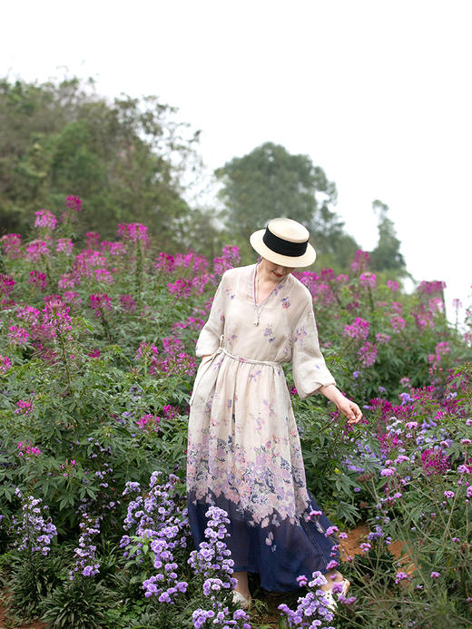 牧衣游原创 印花进口麻连衣裙女新款别致小众设计感长裙气质 树间 商品图1