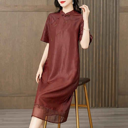 红色香云纱真丝连衣裙，宽松桑蚕丝改良版旗袍裙KQN-221542 商品图2