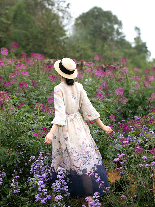 牧衣游原创 印花进口麻连衣裙女新款别致小众设计感长裙气质 树间 商品图3