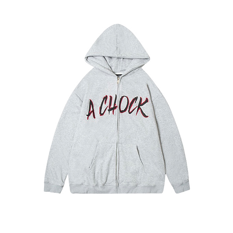 【Achock官方店】国潮毛粒绒刺绣印花拉链卫衣春季简约连帽外套男