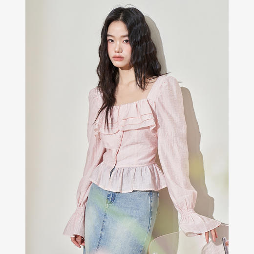 法式浪漫甜美荷叶边花苞袖衬衫女2024春季新款短款方领衬衣V0040977 商品图0