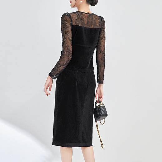 法式显瘦，丝绒拼亮片蕾丝上衣+高腰开叉半身裙两件套WLZD-2405110 商品图1